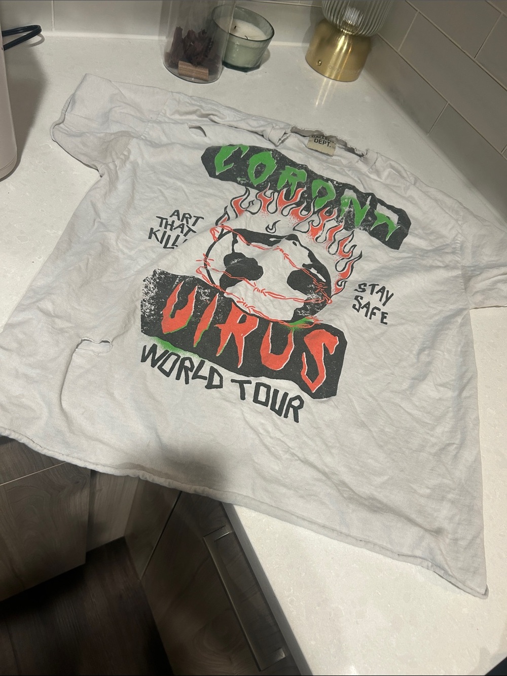 Gallery Dept White Kids Tee with Neon Green & Bright Orange Tour Graphic